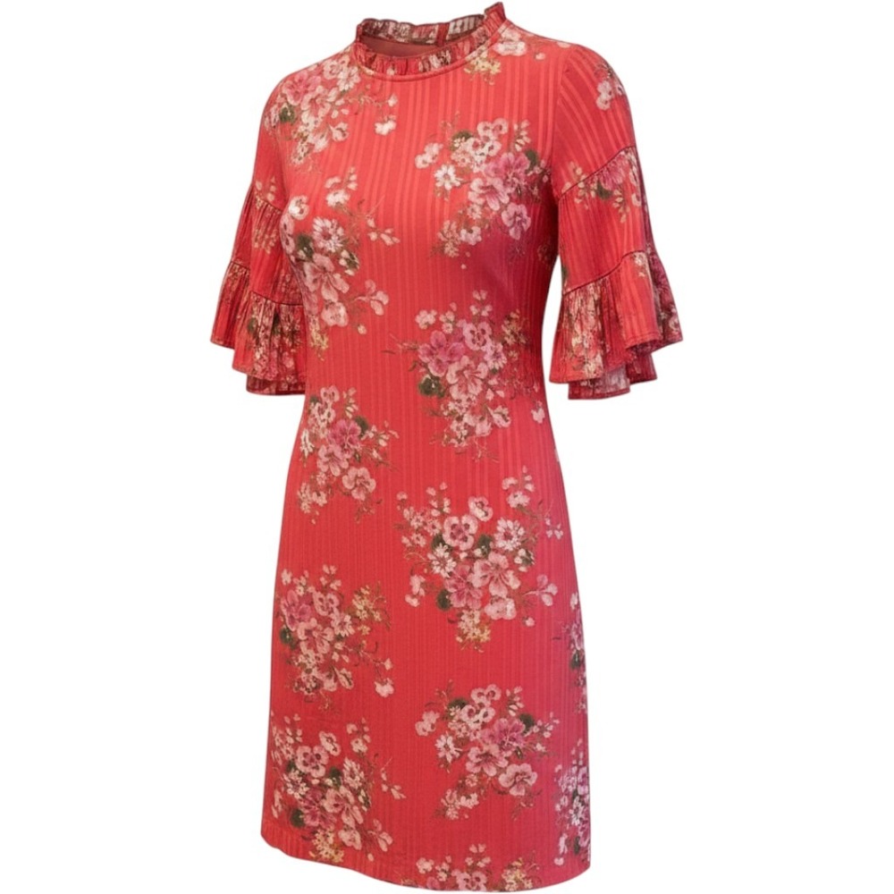 LOFT Floral Shift Dress Red Pleated Ruffle Sleeve High Neck Mini Womens 6